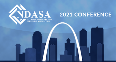 Blue background of buildings with white Arch, white NDASA logo, and text "2021 conference"